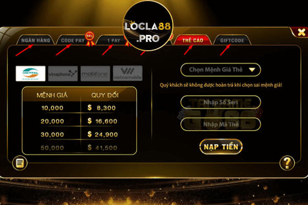 Nạp tiền Locla88 bằng thẻ cào điện thoại